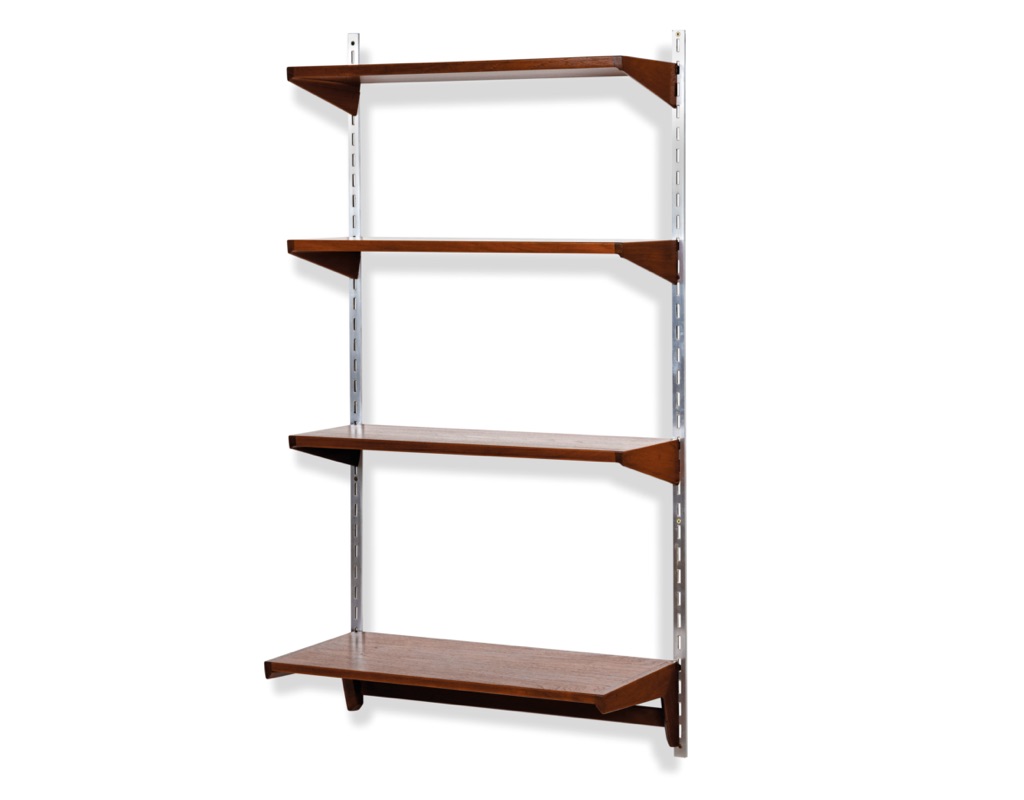 Mid century modern Kai Kristiansen Danish teak shelving 1960 vintage Brazilian Rosewood wall mounted modular bookshelf aluminium wall rails FM Mobler original Scandinavian shelving systems Poul Cadovius Peter Sorensen Kurt Ostervig original design melbourne