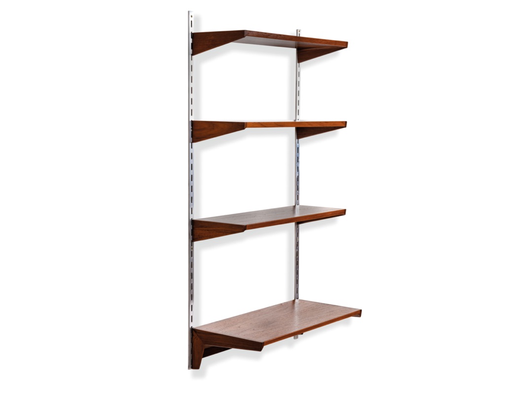 Mid century modern Kai Kristiansen Danish teak shelving 1960 vintage Brazilian Rosewood wall mounted modular bookshelf aluminium wall rails FM Mobler original Scandinavian shelving systems Poul Cadovius Peter Sorensen Kurt Ostervig original imported shelving