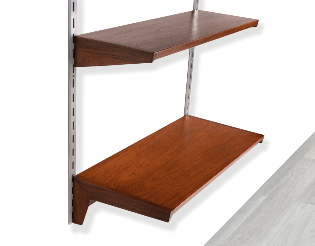 Mid century modern Kai Kristiansen Danish teak shelving 1960 vintage Brazilian Rosewood wall mounted modular bookshelf aluminium wall rails FM Mobler original Scandinavian shelving systems Poul Cadovius Peter Sorensen Kurt Ostervig different depth shelves