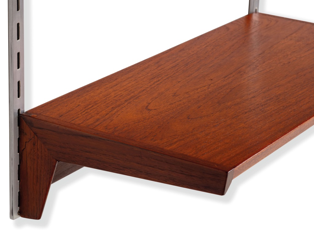 Mid century modern Kai Kristiansen Danish teak shelving 1960 vintage Brazilian Rosewood wall mounted modular bookshelf aluminium wall rails FM Mobler original Scandinavian shelving systems Poul Cadovius Peter Sorensen Kurt Ostervig deep shelf