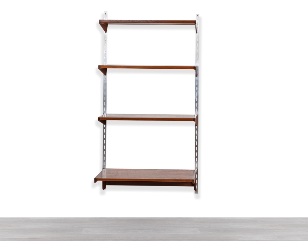 Mid century modern Kai Kristiansen Danish teak shelving 1960 vintage Brazilian Rosewood wall mounted modular bookshelf aluminium wall rails FM Mobler original Scandinavian shelving systems Poul Cadovius Peter Sorensen Kurt Ostervig