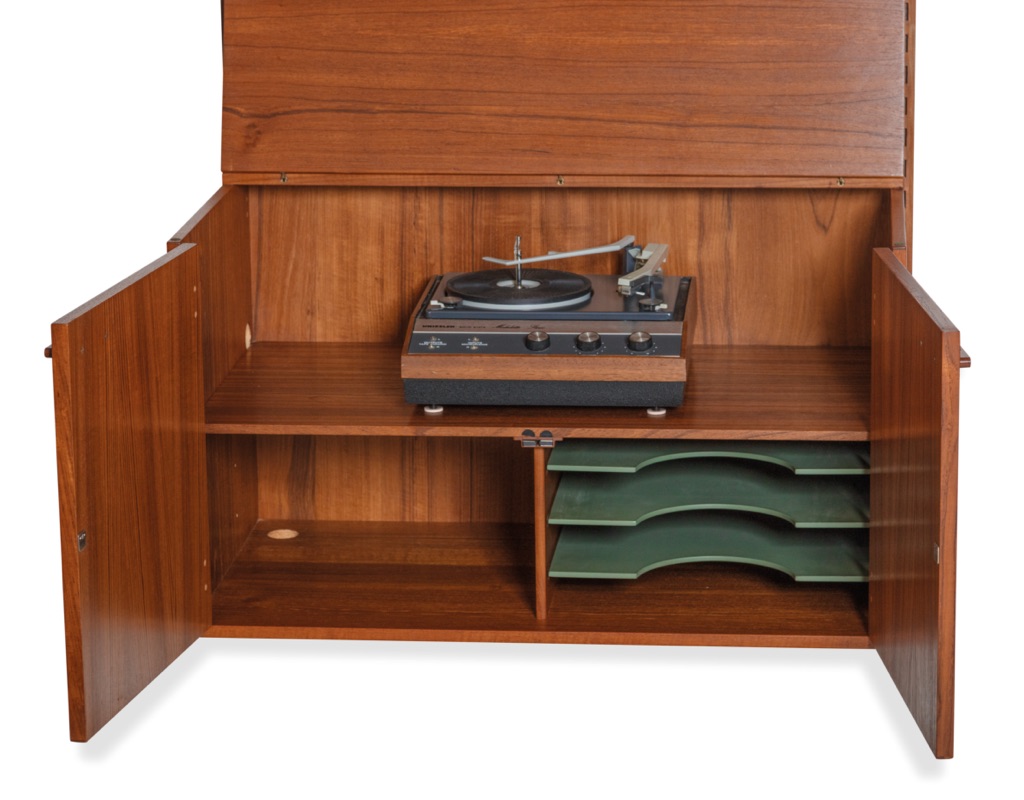 Mid century modern Kai Kristiansen Shelving System Danish vintage wall mounted unit 1960 bookshelf by FM Mobler Denmark Scandinavian record cabinet lift up top