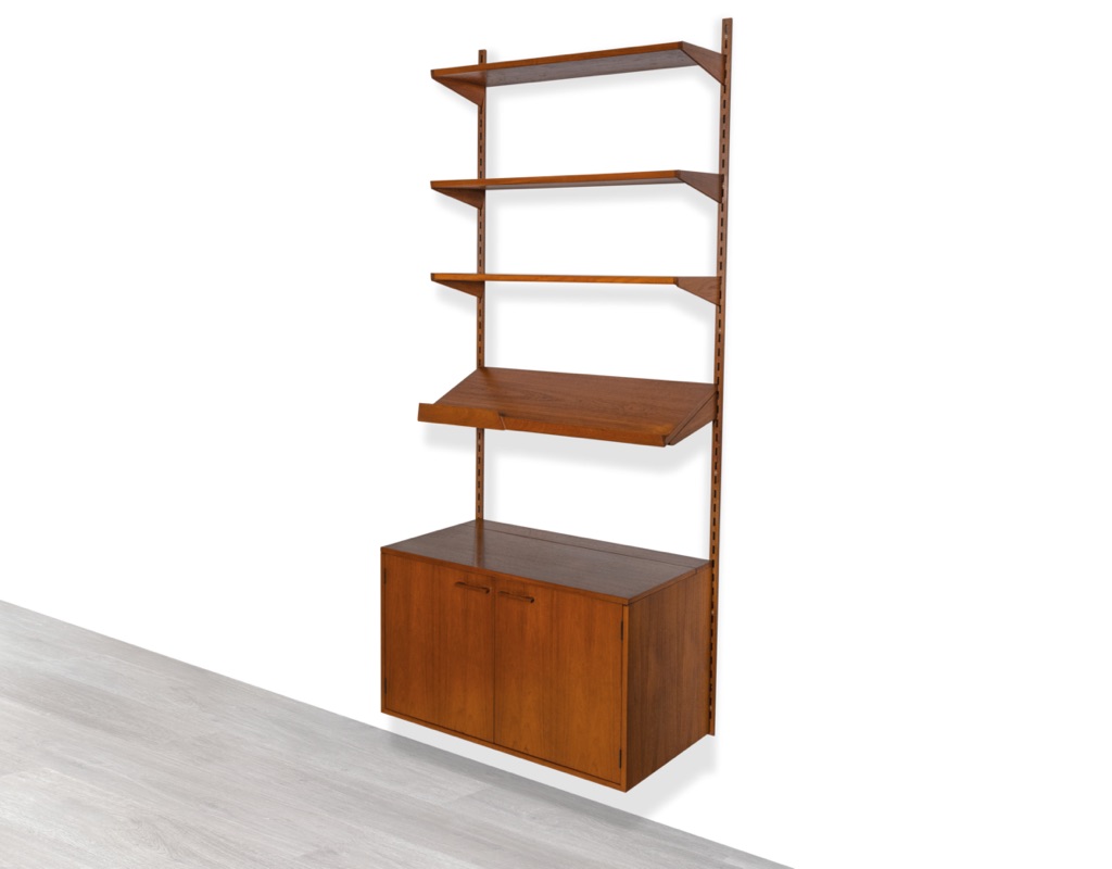 Mid century modern Kai Kristiansen Shelving System Danish vintage wall mounted unit 1960 bookshelf by FM Mobler Denmark Scandinavian record cabinet side view