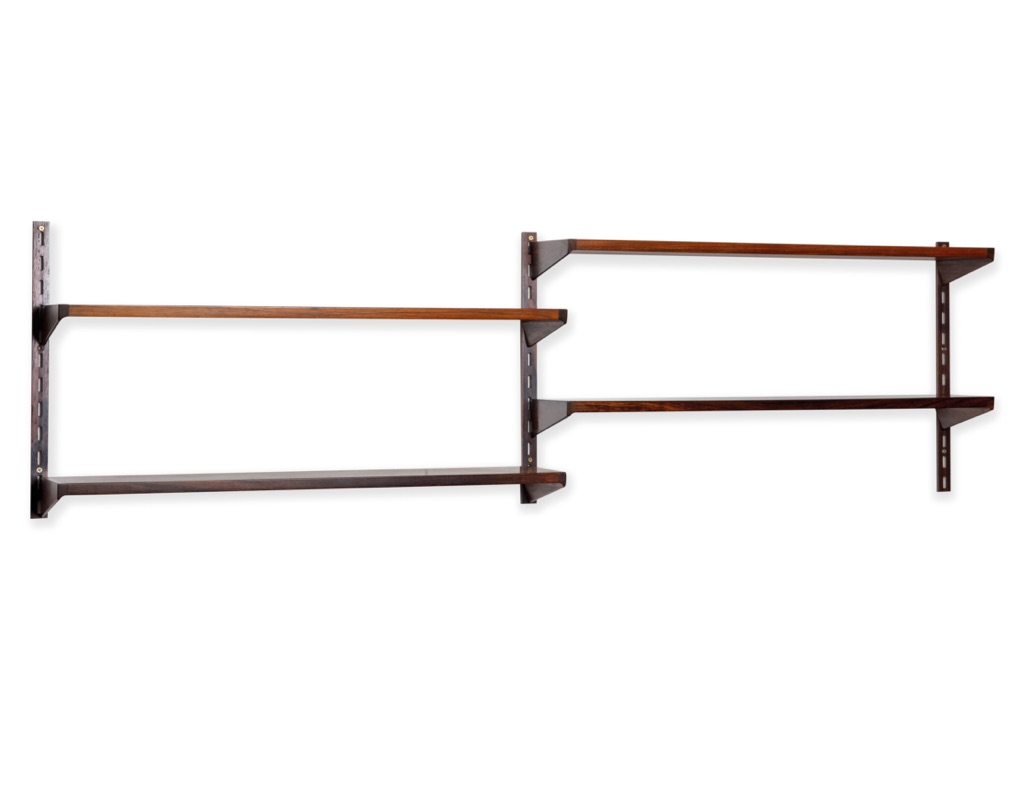 Mid century modern Danish Kai Kristiansen shelving system Brazilian Rosewood wall mounted FM Mobler 1960 Denmark Kurt Ostervig Poul Cadovius Peter Sorensen bookshelf storage teak shelves