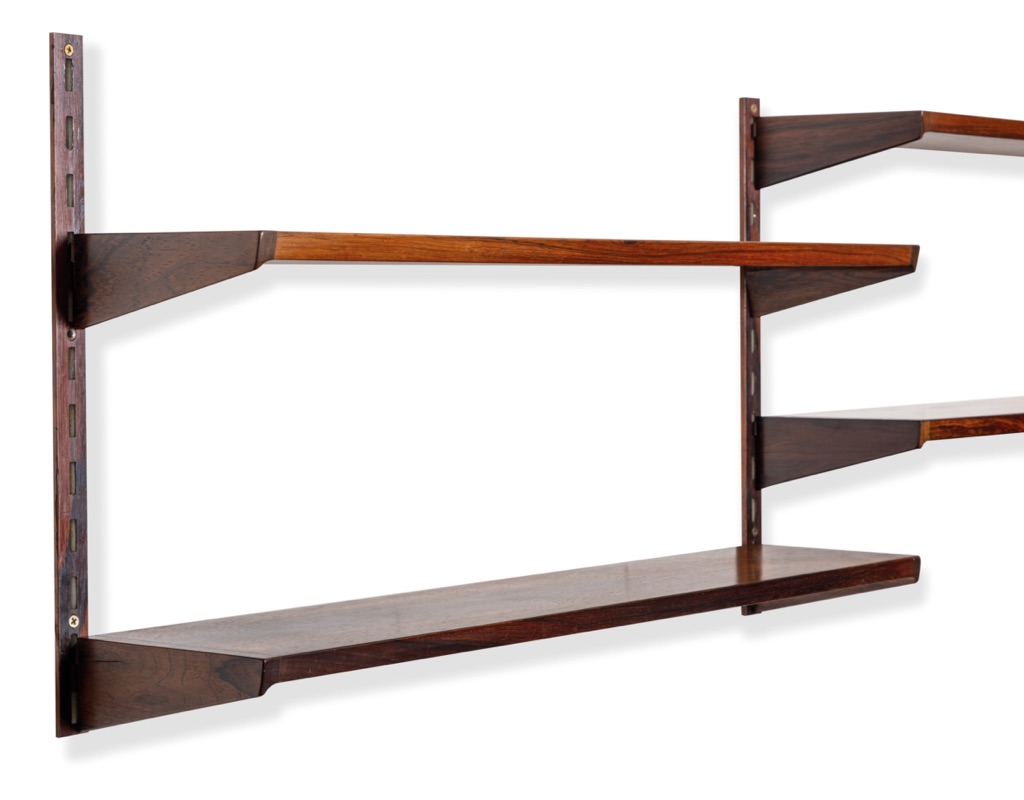 Mid century modern Danish Kai Kristiansen shelving system Brazilian Rosewood wall mounted FM Mobler 1960 Denmark Kurt Ostervig Poul Cadovius Peter Sorensen bookshelf storage teak Scandinavian original design