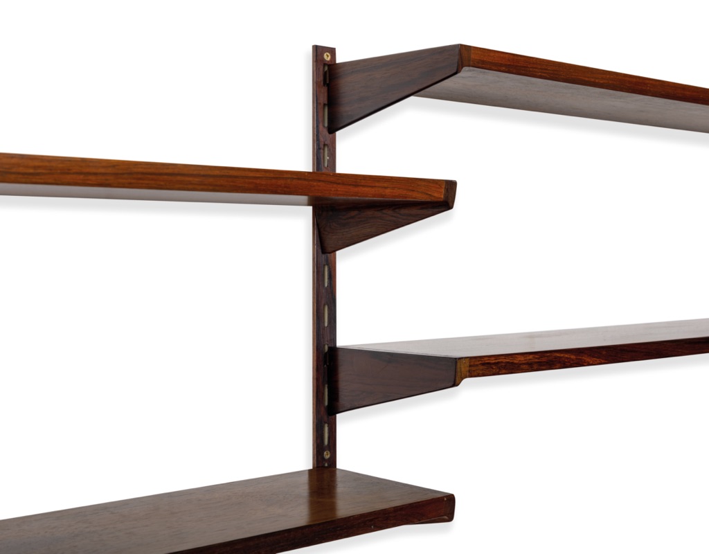 Mid century modern Danish Kai Kristiansen shelving system Brazilian Rosewood wall mounted FM Mobler 1960 Denmark Kurt Ostervig Poul Cadovius Peter Sorensen bookshelf storage teak imported original