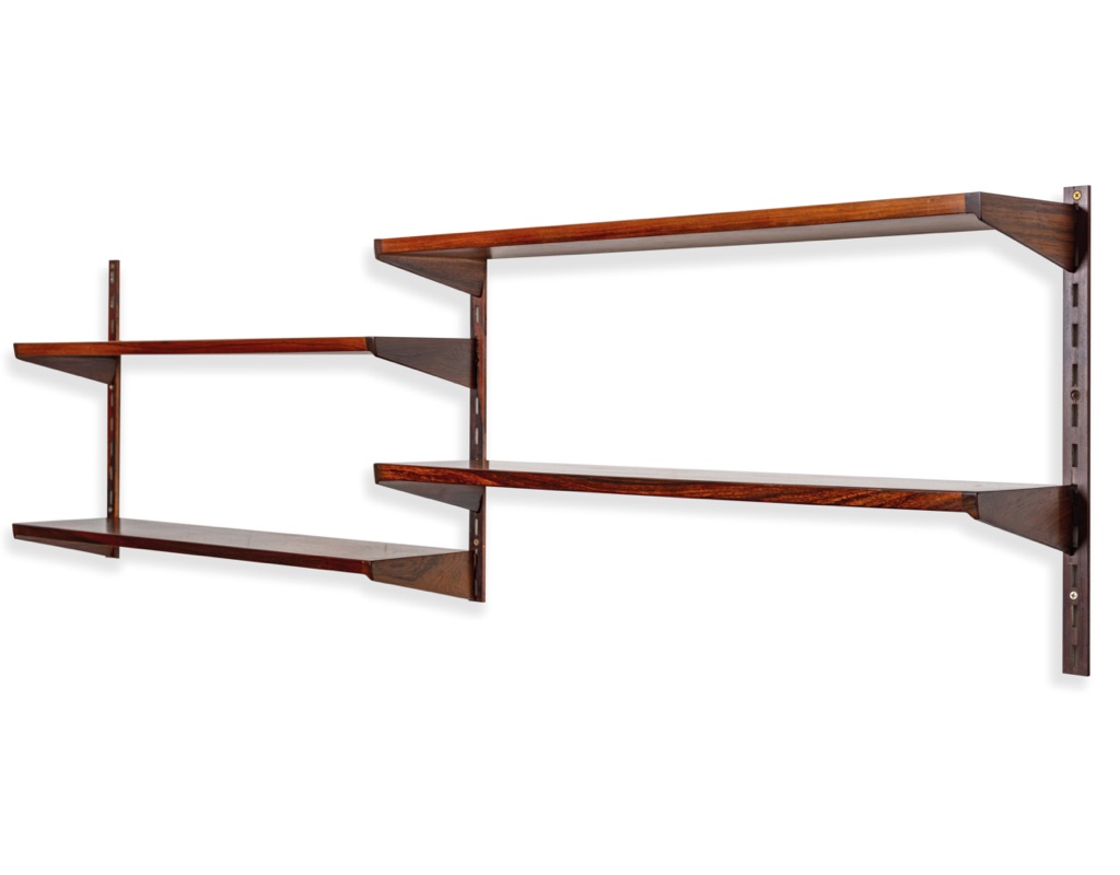 Mid century modern Danish Kai Kristiansen shelving system Brazilian Rosewood wall mounted FM Mobler 1960 Denmark Kurt Ostervig Poul Cadovius Peter Sorensen bookshelf storage teak modular floating