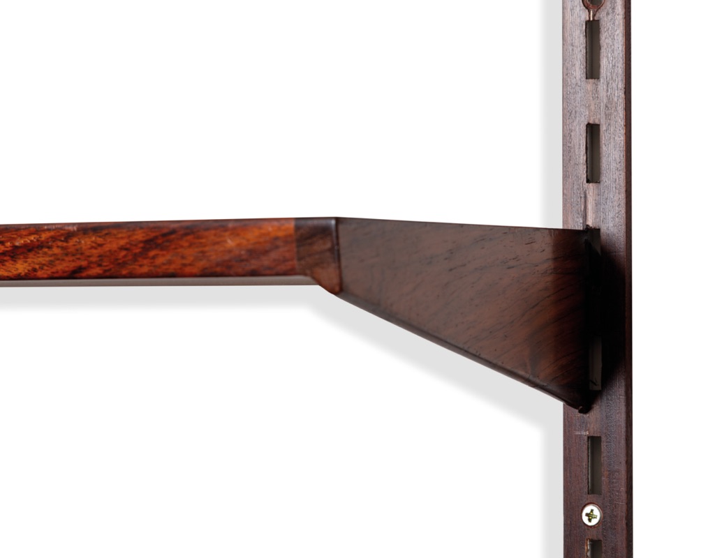 Mid century modern Danish Kai Kristiansen shelving system Brazilian Rosewood wall mounted FM Mobler 1960 Denmark Kurt Ostervig Poul Cadovius Peter Sorensen bookshelf storage teak wall rails