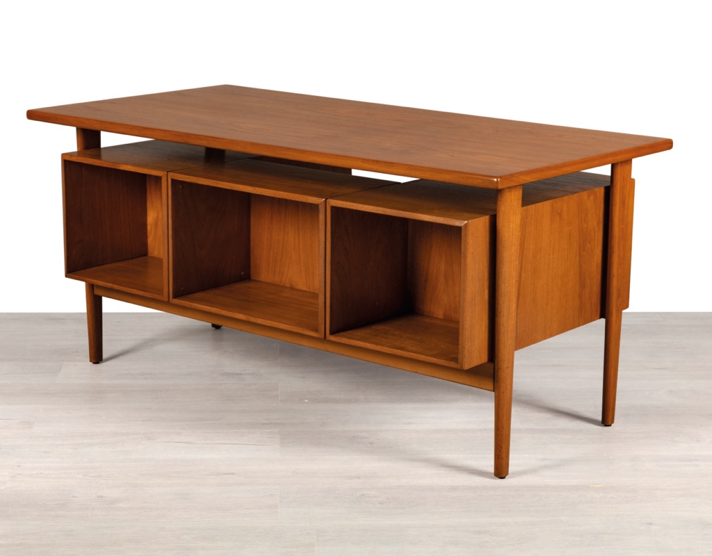 Mid century modern Danish vintage desk Kai Kristiansen Model FM60 1960s for Feldballes Mobelfabrik in teak from Denmark original Scandinavian office rear storage bookshelf