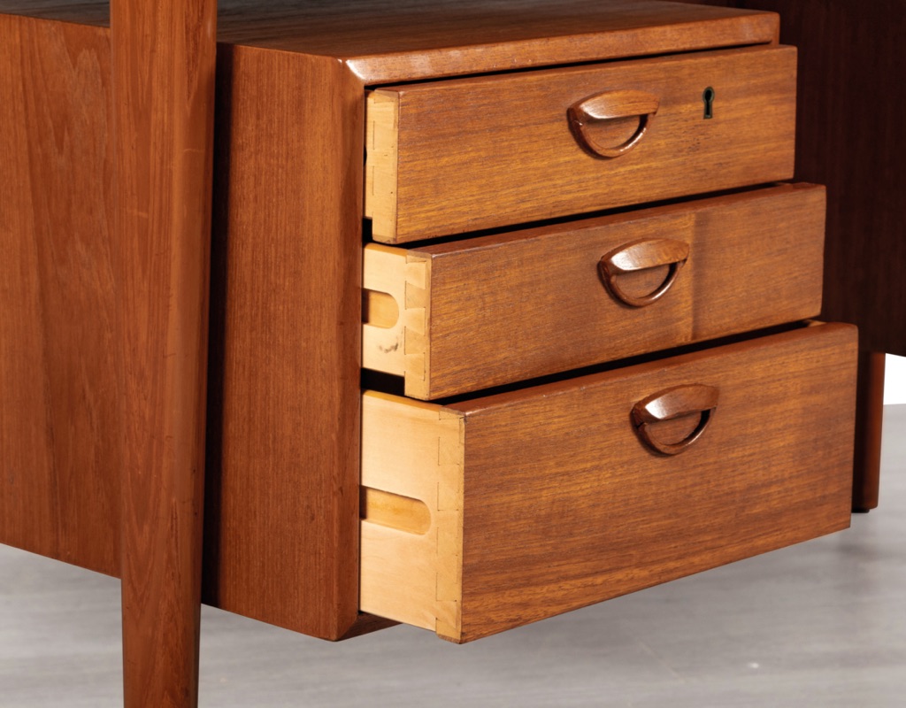 Mid century modern Danish vintage desk Kai Kristiansen Model FM60 1960s for Feldballes Mobelfabrik in teak from Denmark original Scandinavian office drawers with dovetail joins