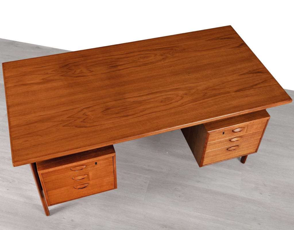 Mid century modern Danish vintage desk Kai Kristiansen Model FM60 1960s for Feldballes Mobelfabrik in teak from Denmark original Scandinavian office veneer drawers