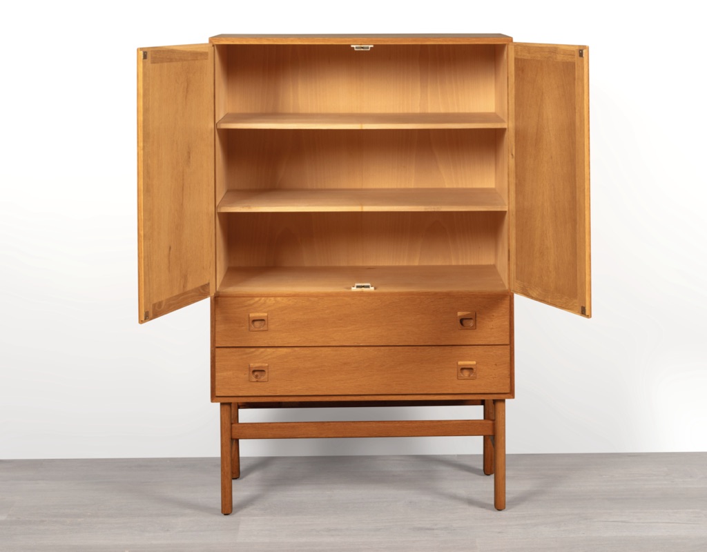Mid century modern Kurt Ostervig K.P Mobler cabinet drawers European oak Danish vintage 1960 Scandinavian storage doors front view doors open