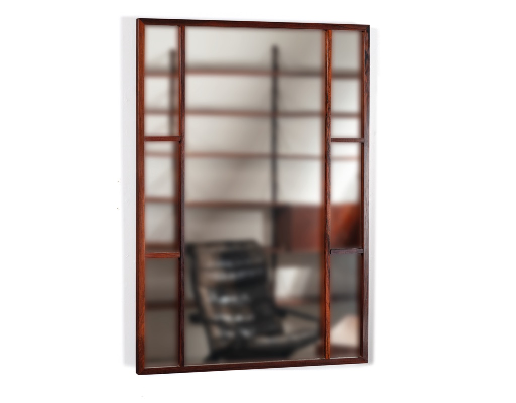 Mid century modern wall mirror Danish vintage 1960 Brazilian rosewood teak full length European oak glass wooden detail