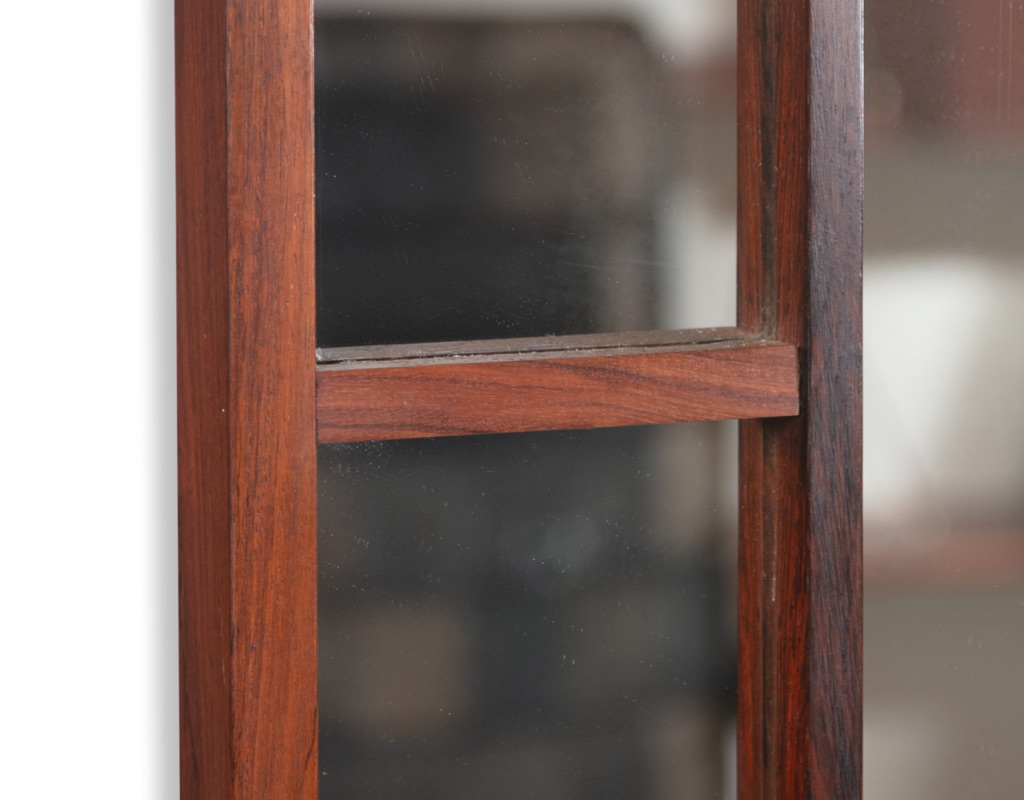 Mid century modern wall mirror Danish vintage 1960 Brazilian rosewood teak full length European oak glass crossbar detail