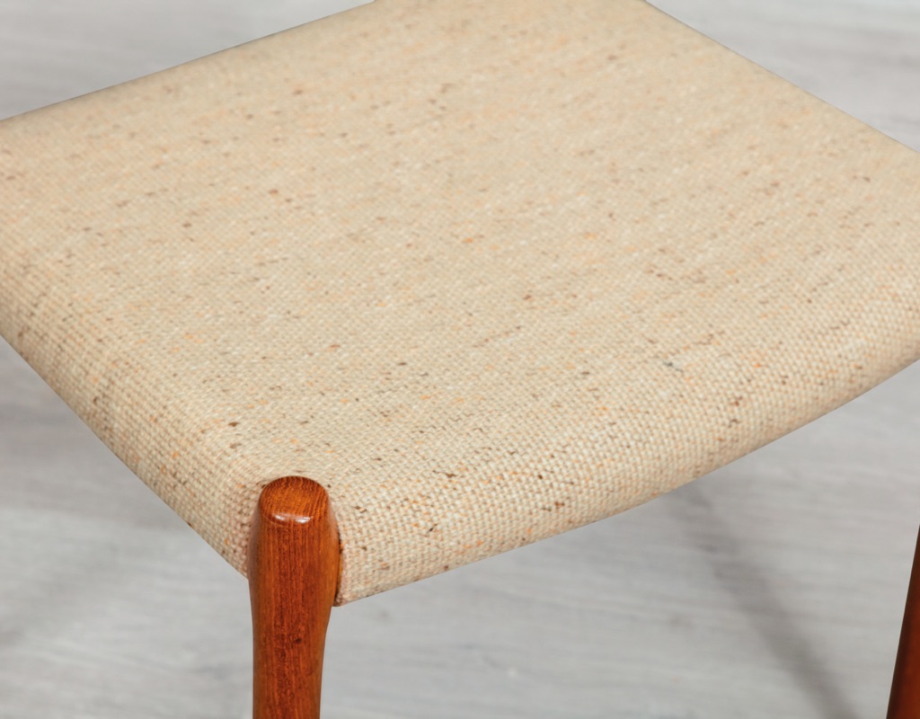 Mid century modern Niels Otto Moller Dining Chair Model 79 Danish vintage imported seating 1960 Denmark original Scandinavian design JL Mollers Mobelfabrik close up wool seat