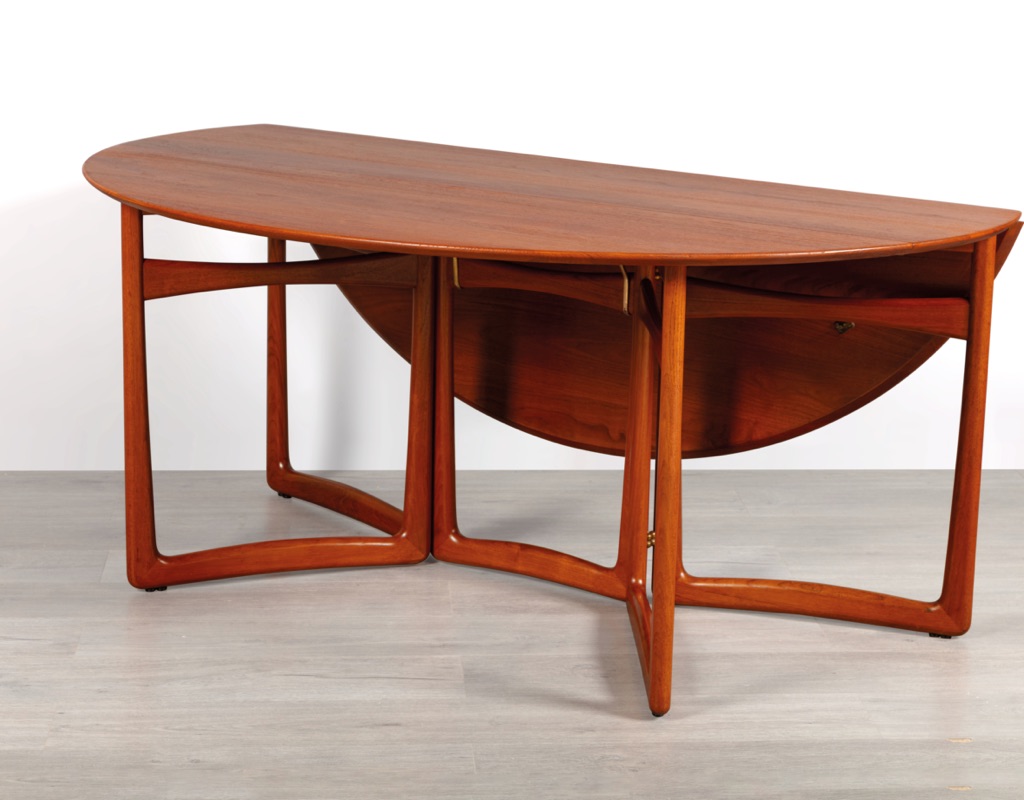 Mid century modern Danish drop leaf dining table by Peter Hvidt & Orla Molgaard Nielsen For France & Son Denmark 1950s solid teak top oval design gate leg two leaves