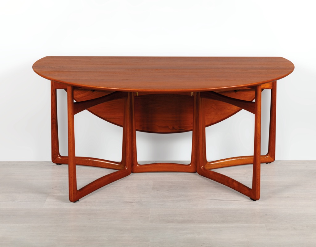 Mid century modern Danish drop leaf dining table by Peter Hvidt & Orla Molgaard Nielsen For France & Son Denmark 1950s solid teak top oval design gate leg organic one side down