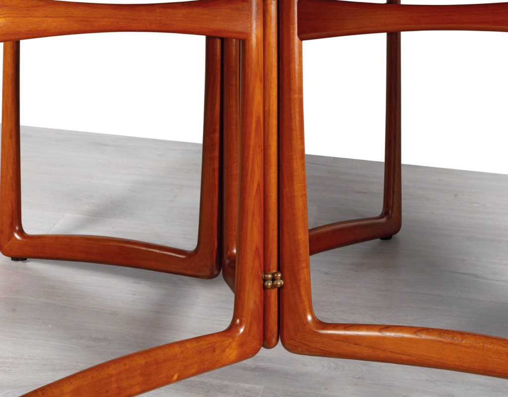 Mid century modern Danish drop leaf dining table by Peter Hvidt & Orla Molgaard Nielsen For France & Son Denmark 1950s solid teak top oval design gate leg brass hinges