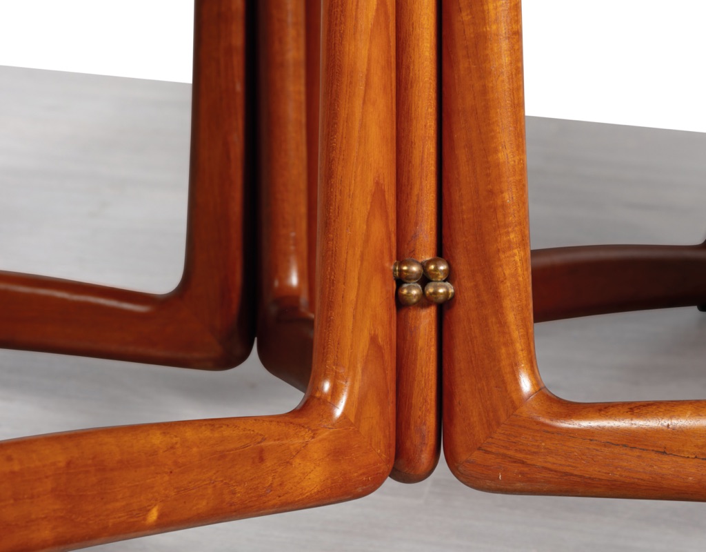 Mid century modern Danish drop leaf dining table by Peter Hvidt & Orla Molgaard Nielsen For France & Son Denmark 1950s solid teak top oval design gate leg close up brass balls
