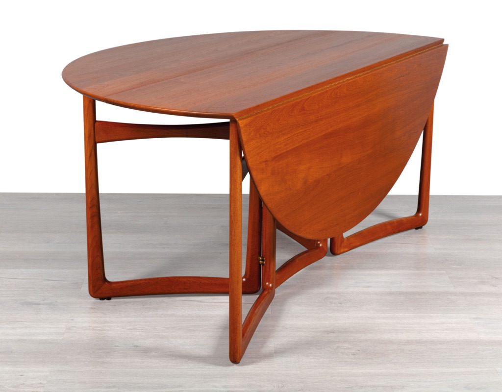 Mid century modern Danish drop leaf dining table by Peter Hvidt & Orla Molgaard Nielsen For France & Son Denmark 1950s solid teak top oval design gate leg imported