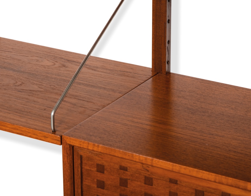 Mid century modern Poul Cadovius Royal shelving system by CADO Denmark 1950 modular wall mounted shelving unit in teak imported original Scandinavian design for storage close up
