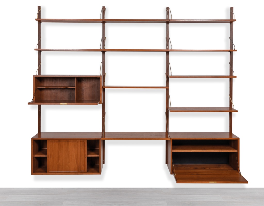 Mid century modern Poul Cadovius Royal shelving system by CADO Denmark 1950 modular wall mounted shelving unit in teak imported original Scandinavian design for storage modular