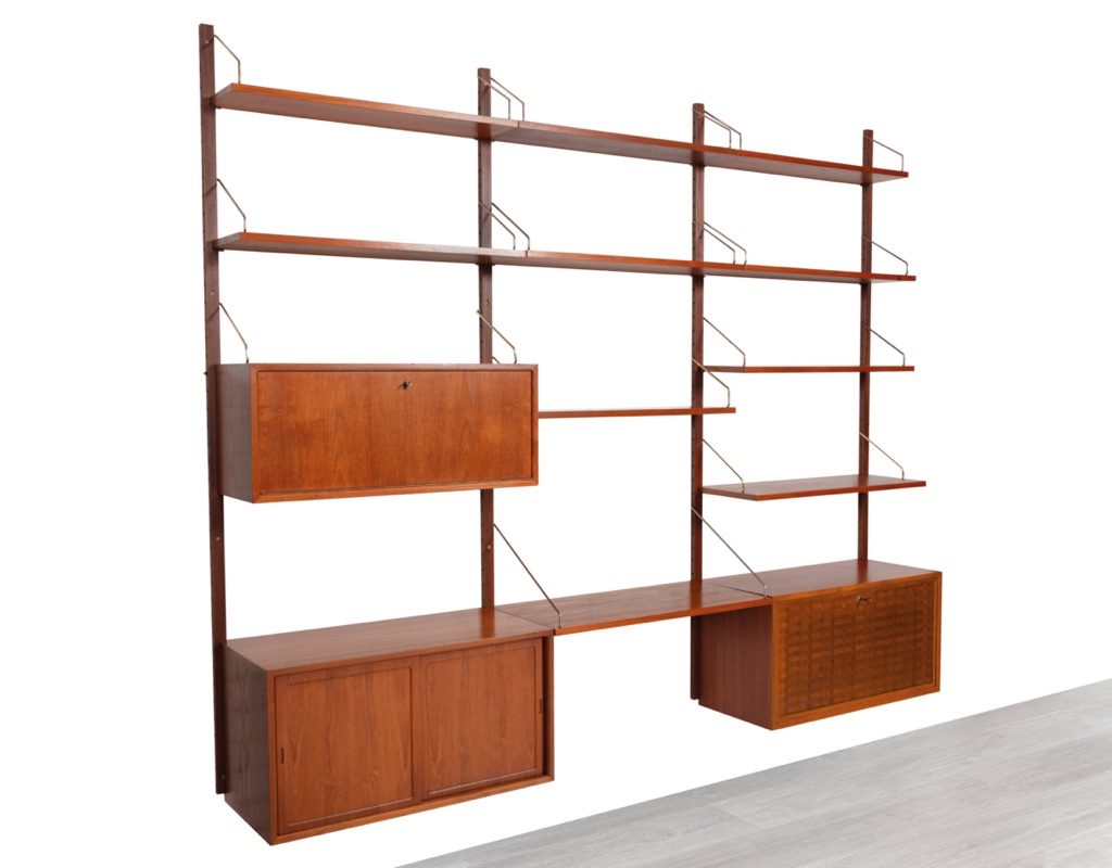 Mid century modern Poul Cadovius Royal shelving system by CADO Denmark 1950 modular wall mounted shelving unit in teak imported original Scandinavian design for storage woven veneer front