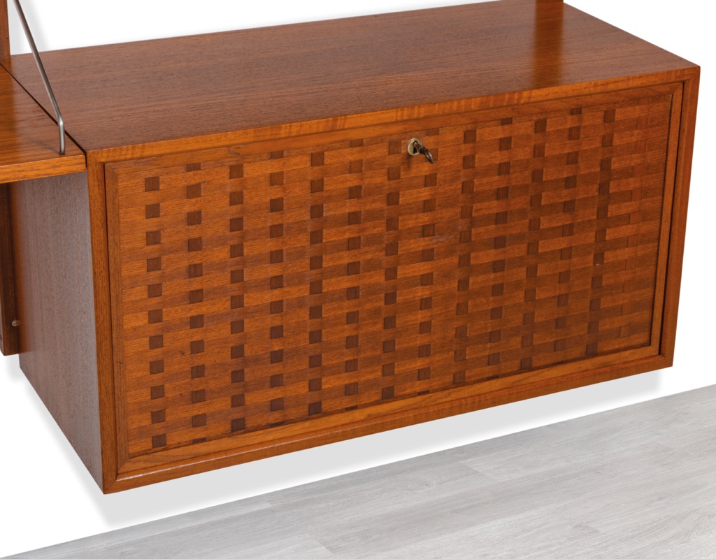 Mid century modern Poul Cadovius Royal shelving system by CADO Denmark 1950 modular wall mounted shelving unit in teak imported original Scandinavian design for storage woven front