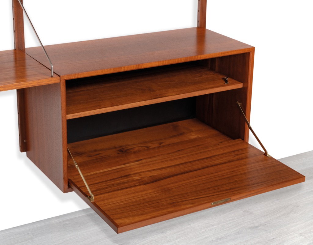 Mid century modern Poul Cadovius Royal shelving system by CADO Denmark 1950 modular wall mounted shelving unit in teak imported original Scandinavian design for storage drop front