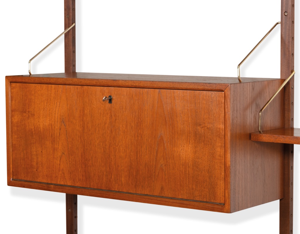 Mid century modern Poul Cadovius Royal shelving system by CADO Denmark 1950 modular wall mounted shelving unit in teak imported original Scandinavian design for storage side view