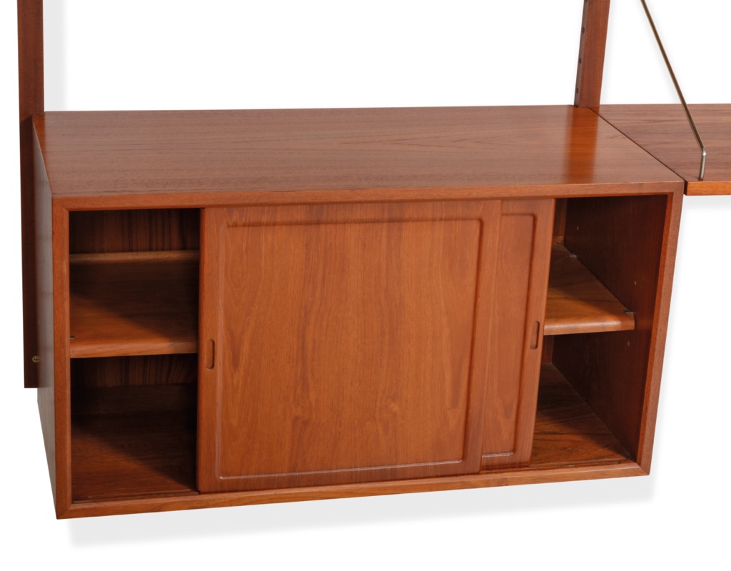 Mid century modern Poul Cadovius Royal shelving system by CADO Denmark 1950 modular wall mounted shelving unit in teak imported original Scandinavian design for storage sliding door