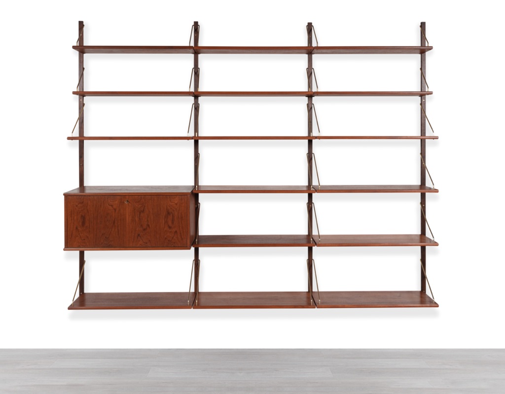 Mid century modern Shelving System Bookshelf Poul Cadovius Peter Sorensen Kai Kristiansen Danish vintage 1960 wall mounted storage modular shelves teak Scandinavian design