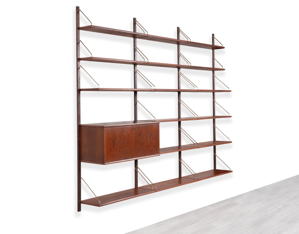 Mid century modern Shelving System Bookshelf Poul Cadovius Peter Sorensen Kai Kristiansen Danish vintage 1960 wall mounted storage modular shelves teak Scandinavian design side view