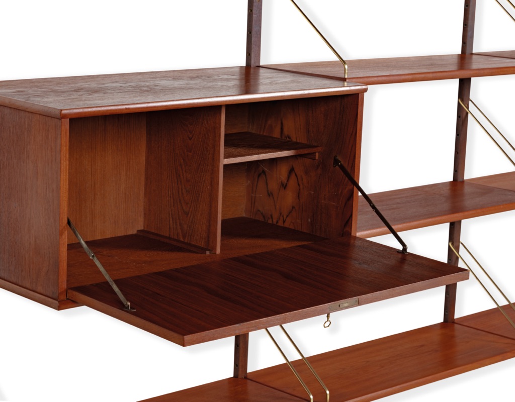 Mid century modern Shelving System Bookshelf Poul Cadovius Peter Sorensen Kai Kristiansen Danish vintage 1960 wall mounted storage modular shelves teak Scandinavian design cabinet