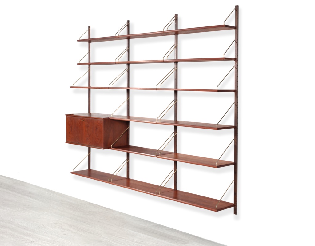 Mid century modern Shelving System Bookshelf Poul Cadovius Peter Sorensen Kai Kristiansen Danish vintage 1960 wall mounted storage modular shelves teak Scandinavian design floating design