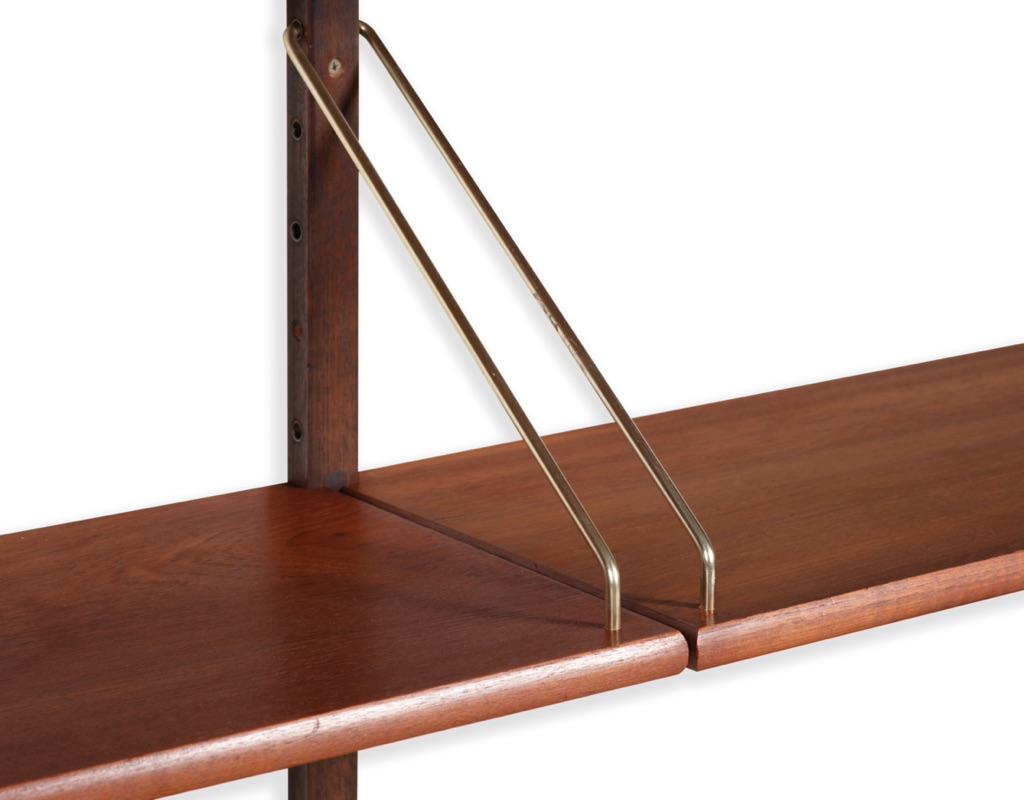 Mid century modern Shelving System Bookshelf Poul Cadovius Peter Sorensen Kai Kristiansen Danish vintage 1960 wall mounted storage modular shelves teak Scandinavian design brass arms