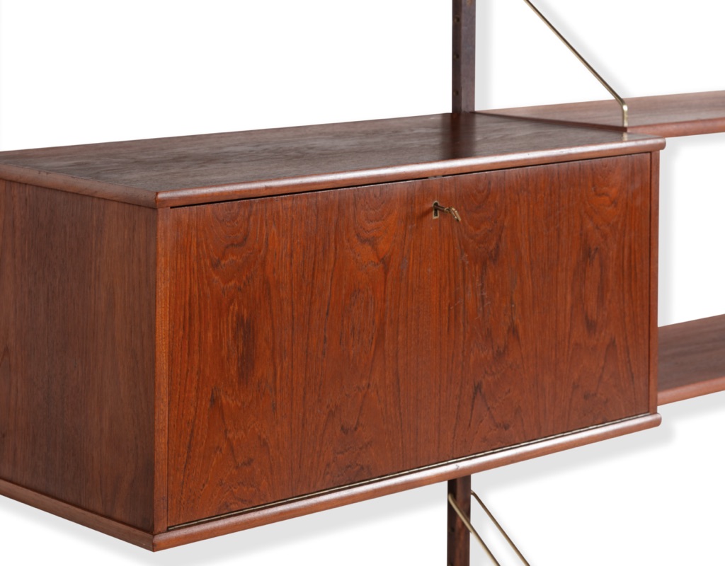 Mid century modern Shelving System Bookshelf Poul Cadovius Peter Sorensen Kai Kristiansen Danish vintage 1960 wall mounted storage modular shelves teak Scandinavian design old growth teak