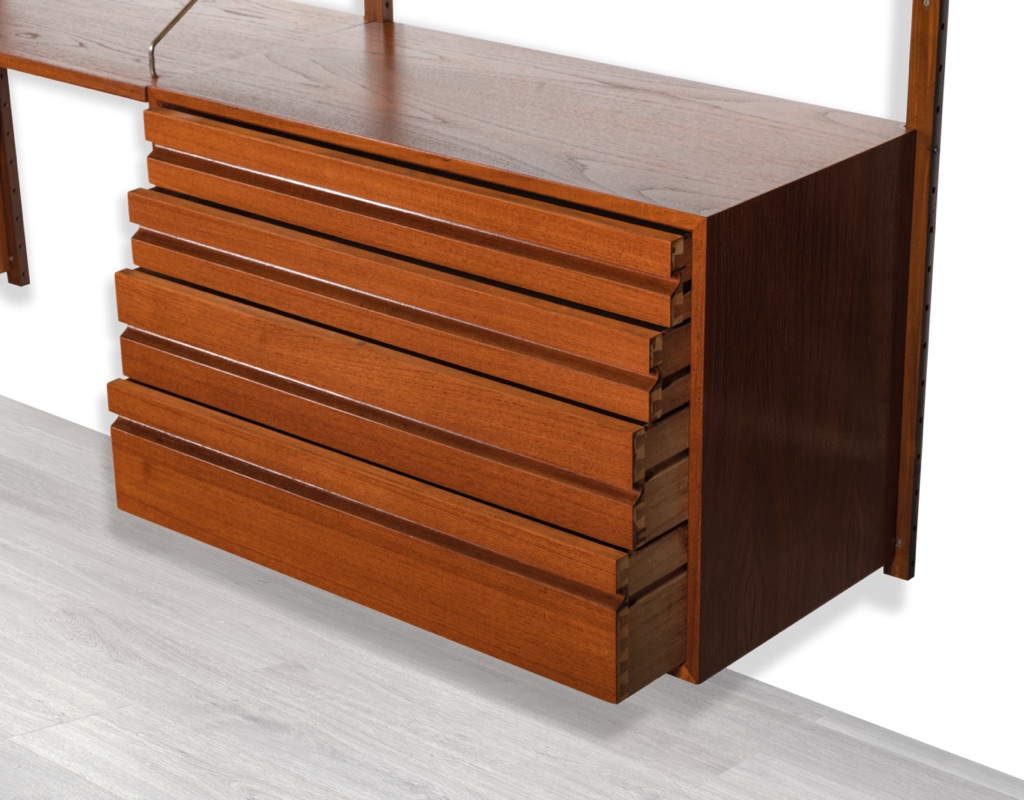 Mid century modern Poul Cadovius Model Royal Shelving System Danish vintage 1950s wall mounted shelving system bookshelf brass supporting arms Scandinavian design drawers