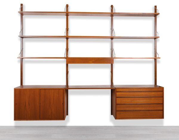Mid century modern Poul Cadovius Model Royal Shelving System Danish vintage 1950s wall mounted shelving system bookshelf brass supporting arms Scandinavian design with light