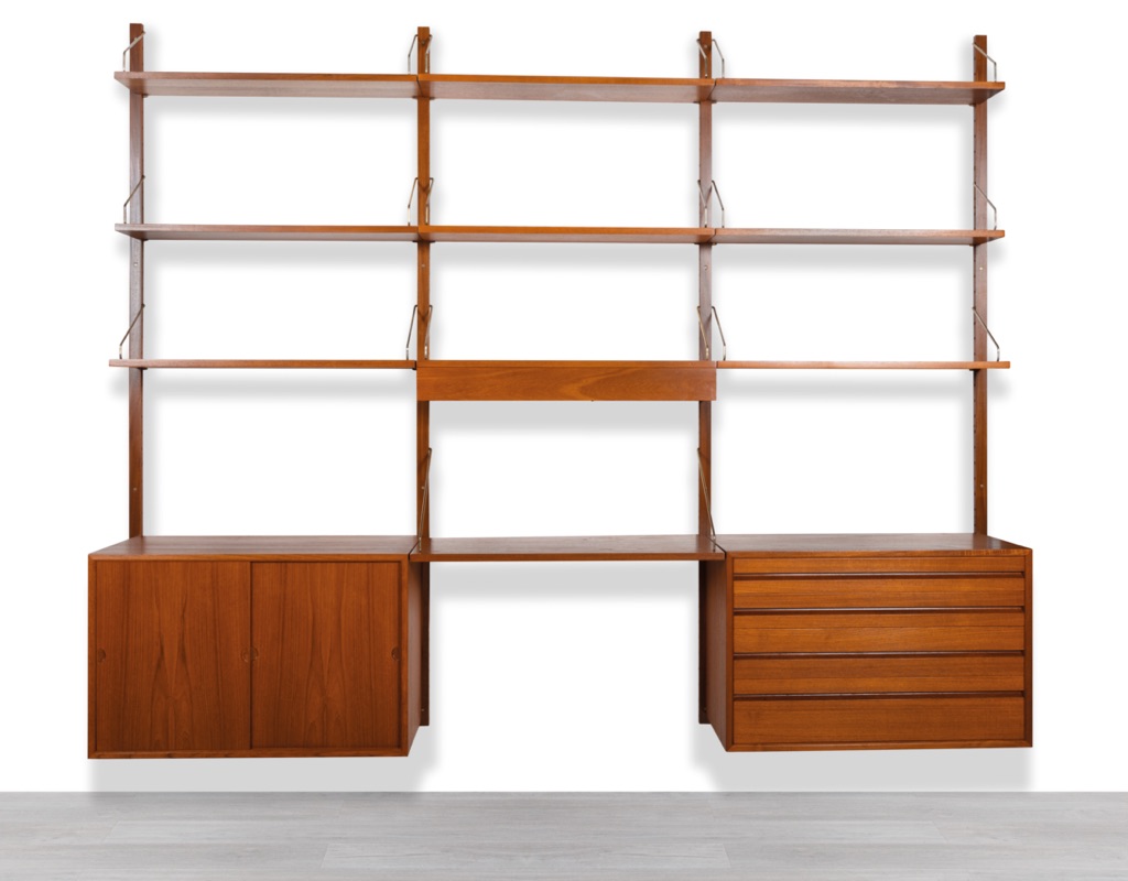 Mid century modern Poul Cadovius Model Royal Shelving System Danish vintage 1950s wall mounted shelving system bookshelf brass supporting arms Scandinavian design with light