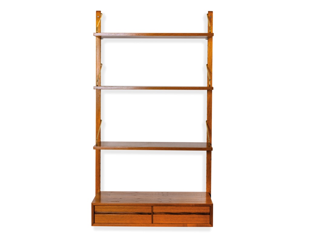 Mid century modern Poul Cadovius Royal shelving system by CADO Denmark 1950 modular wall mounted shelving unit in teak imported original Scandinavian design for storage front drawers