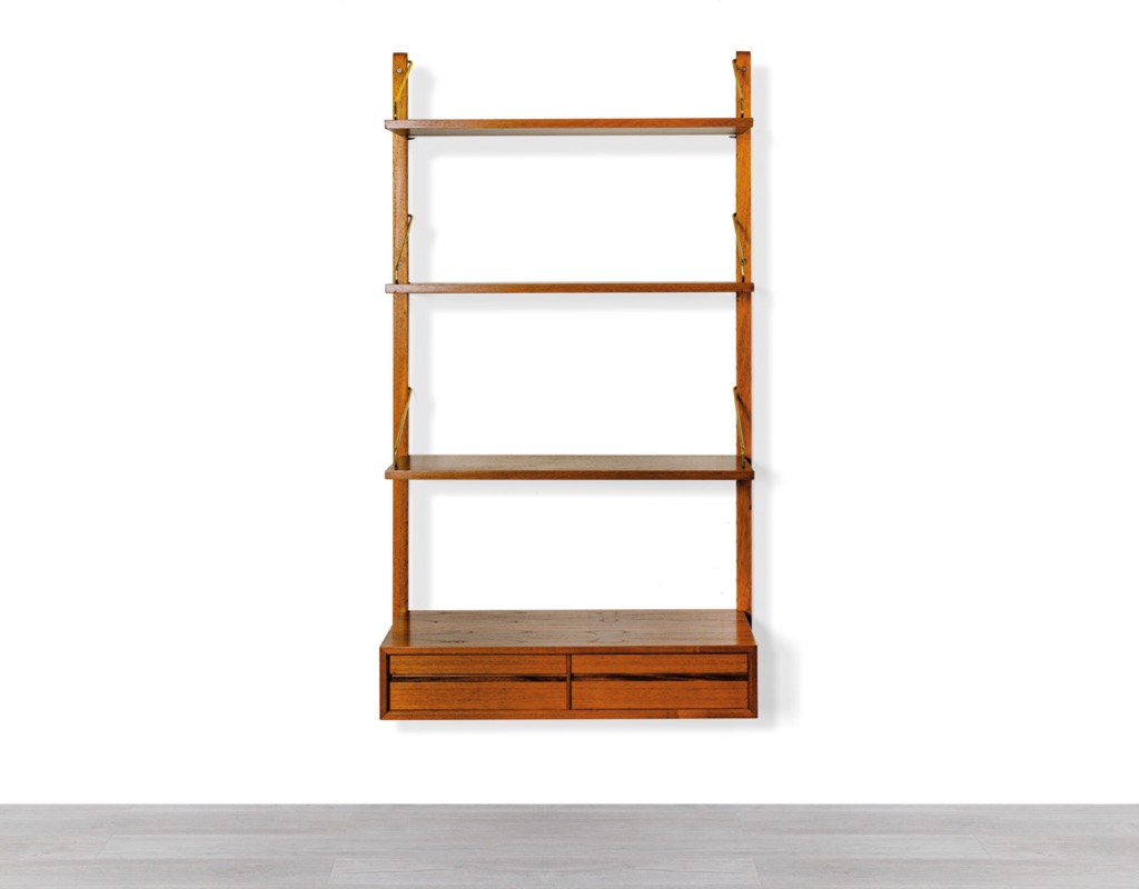 Mid century modern Poul Cadovius Royal shelving system by CADO Denmark 1950 modular wall mounted shelving unit in teak imported original Scandinavian design for storage modular with drawer component