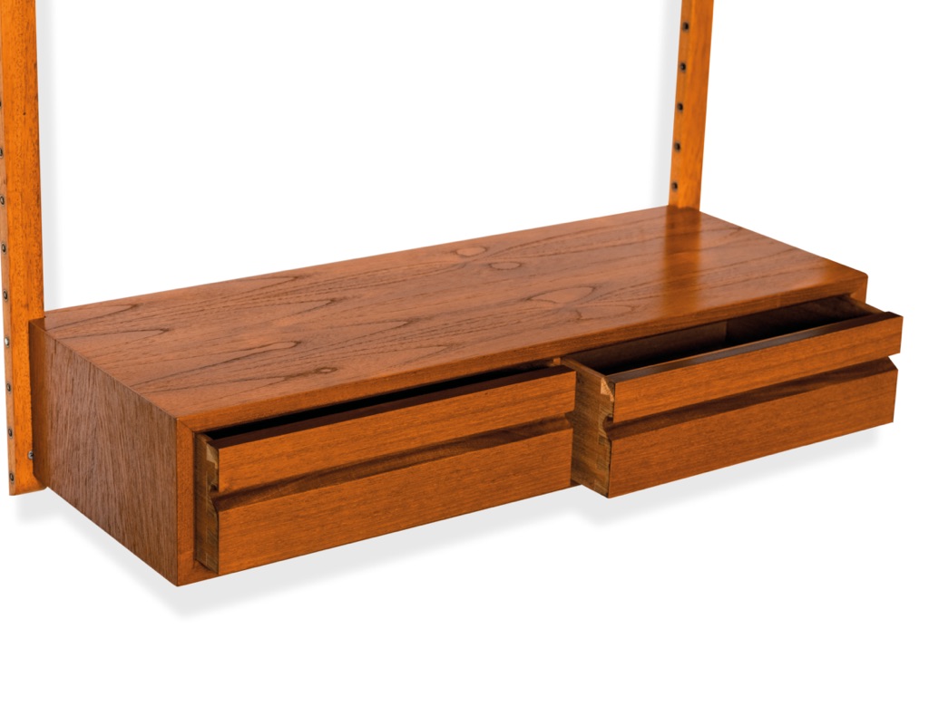 Mid century modern Poul Cadovius Royal shelving system by CADO Denmark 1950 modular wall mounted shelving unit in teak imported original Scandinavian design for storage close up of drawers