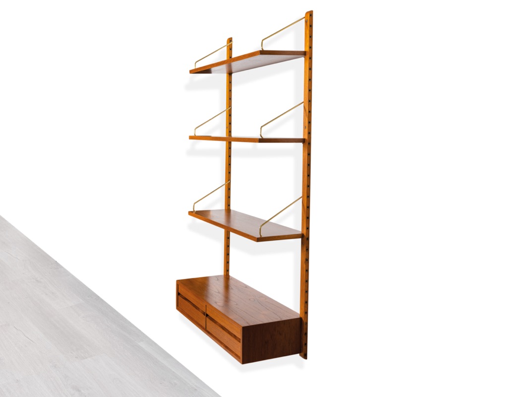 Mid century modern Poul Cadovius Royal shelving system by CADO Denmark 1950 modular wall mounted shelving unit in teak imported original Scandinavian design for storage side view modular
