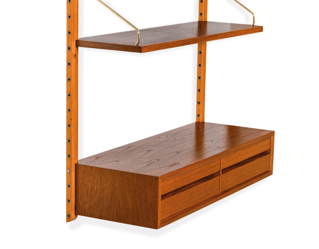 Mid century modern Poul Cadovius Royal shelving system by CADO Denmark 1950 modular wall mounted shelving unit in teak imported original Scandinavian design for storage brass shelf supports