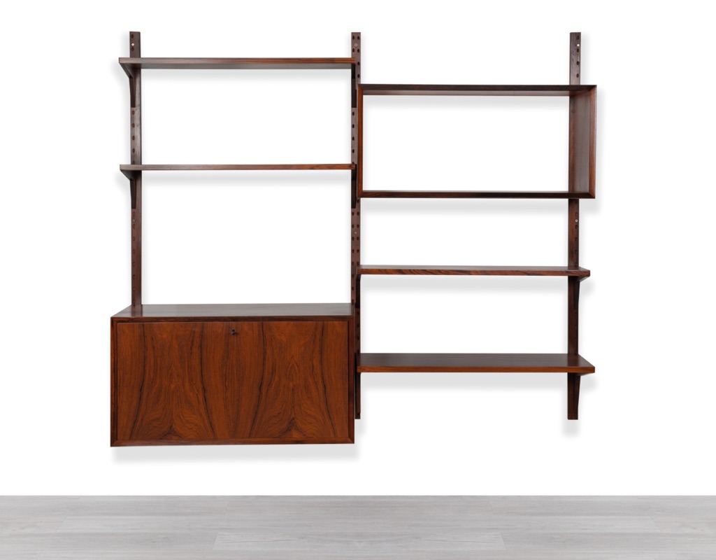 Mid century modern Poul Cadovius Danish shelving system vintage Brazilian Rosewood wall mounted 1960 Denmark Kurt Ostervig Peter Sorensen bookshelf storage Kai Kristiansen modular Scandinavian original design bureau secretaire