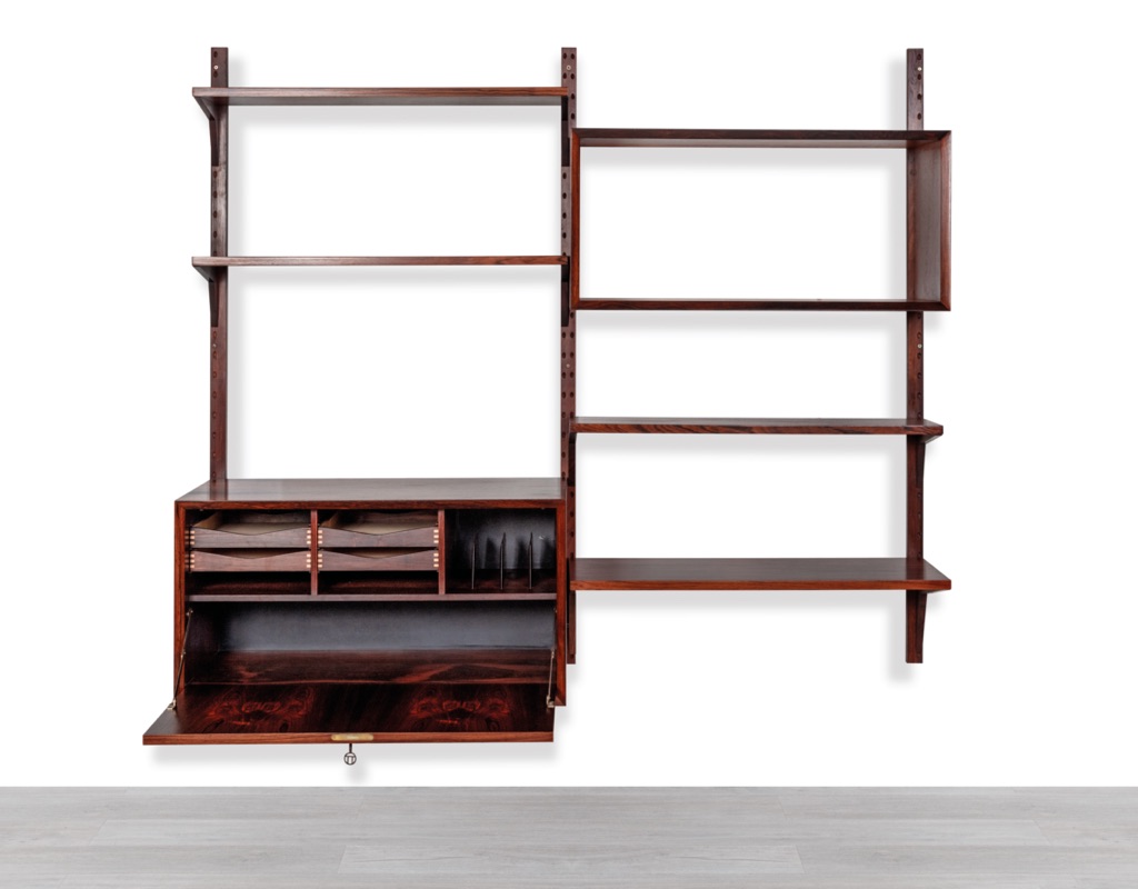 Mid century modern Poul Cadovius Danish shelving system vintage Brazilian Rosewood wall mounted 1960 Denmark Kurt Ostervig Peter Sorensen bookshelf storage Kai Kristiansen modular Scandinavian original design bureau secretaire desk
