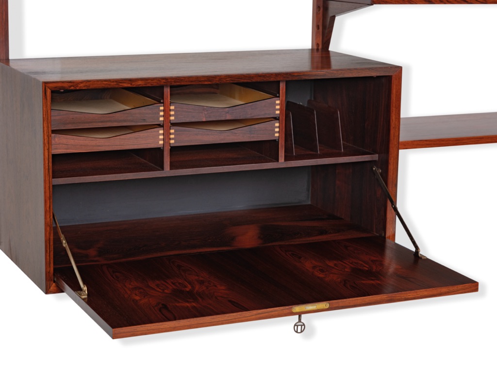 Mid century modern Poul Cadovius Danish shelving system vintage Brazilian Rosewood wall mounted 1960 Denmark Kurt Ostervig Peter Sorensen bookshelf storage Kai Kristiansen modular Scandinavian original design bureau secretaire exxposed finger joins