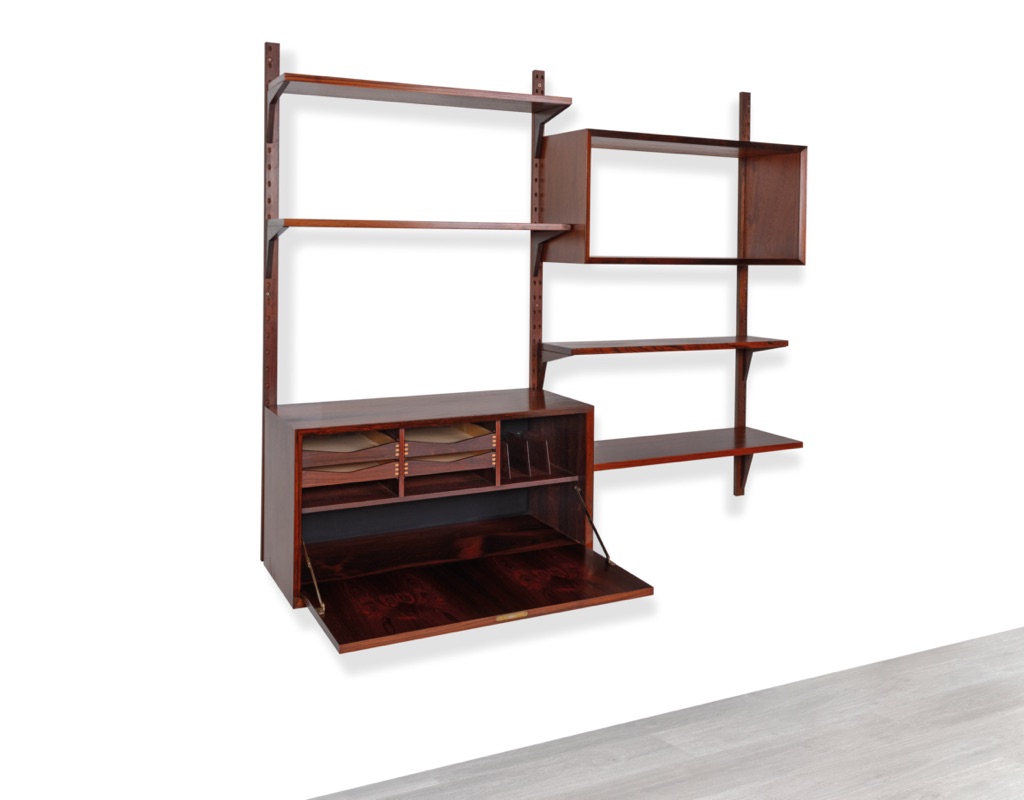 Mid century modern Poul Cadovius Danish shelving system vintage Brazilian Rosewood wall mounted 1960 Denmark Kurt Ostervig Peter Sorensen bookshelf storage Kai Kristiansen modular Scandinavian original design bureau secretaire floating
