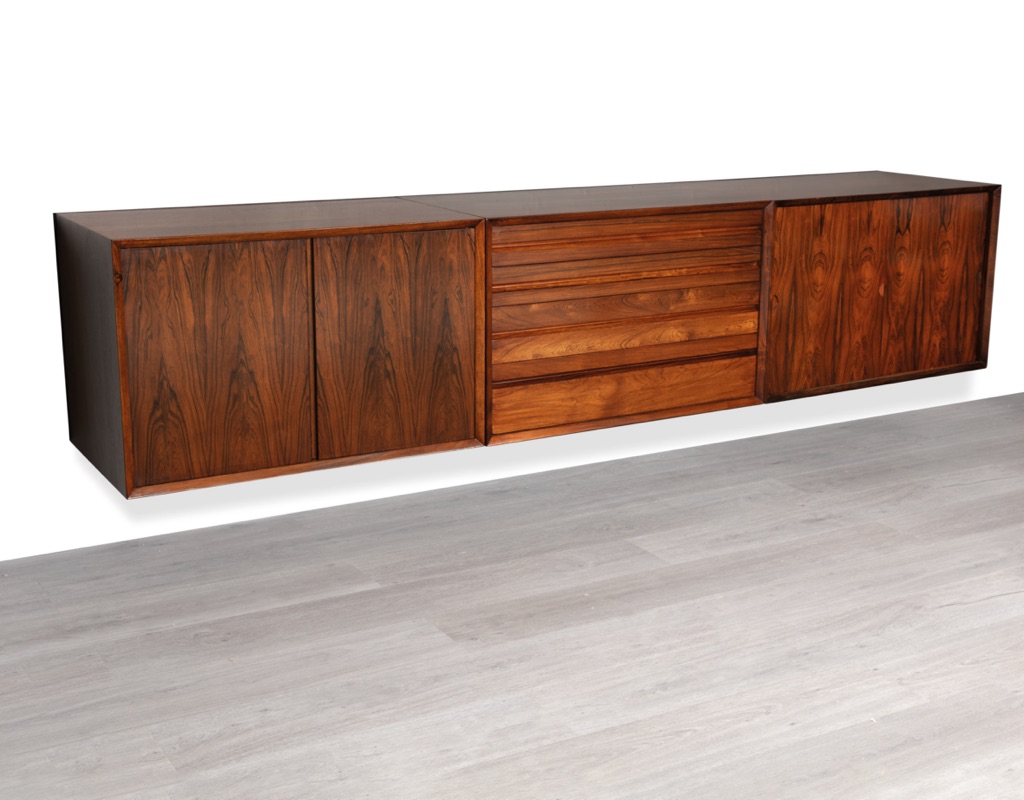 Mid century modern Poul Cadovius floating sideboard credenza CADO Danish vintage Brazilian rosewood storage modular shelving Scandinavian original imported design 1960 wall mounted TV unit